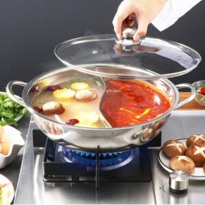 Stainless steel pot with divider, two-flavor separation induction cooker, double-sided soup cooker double-flavor Chinese shabu-shabu, suitable for family gatherings(34CM)