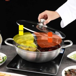 Stainless steel pot with divider, two-flavor separation induction cooker, double-sided soup cooker double-flavor Chinese shabu-shabu, suitable for family gatherings(34CM)