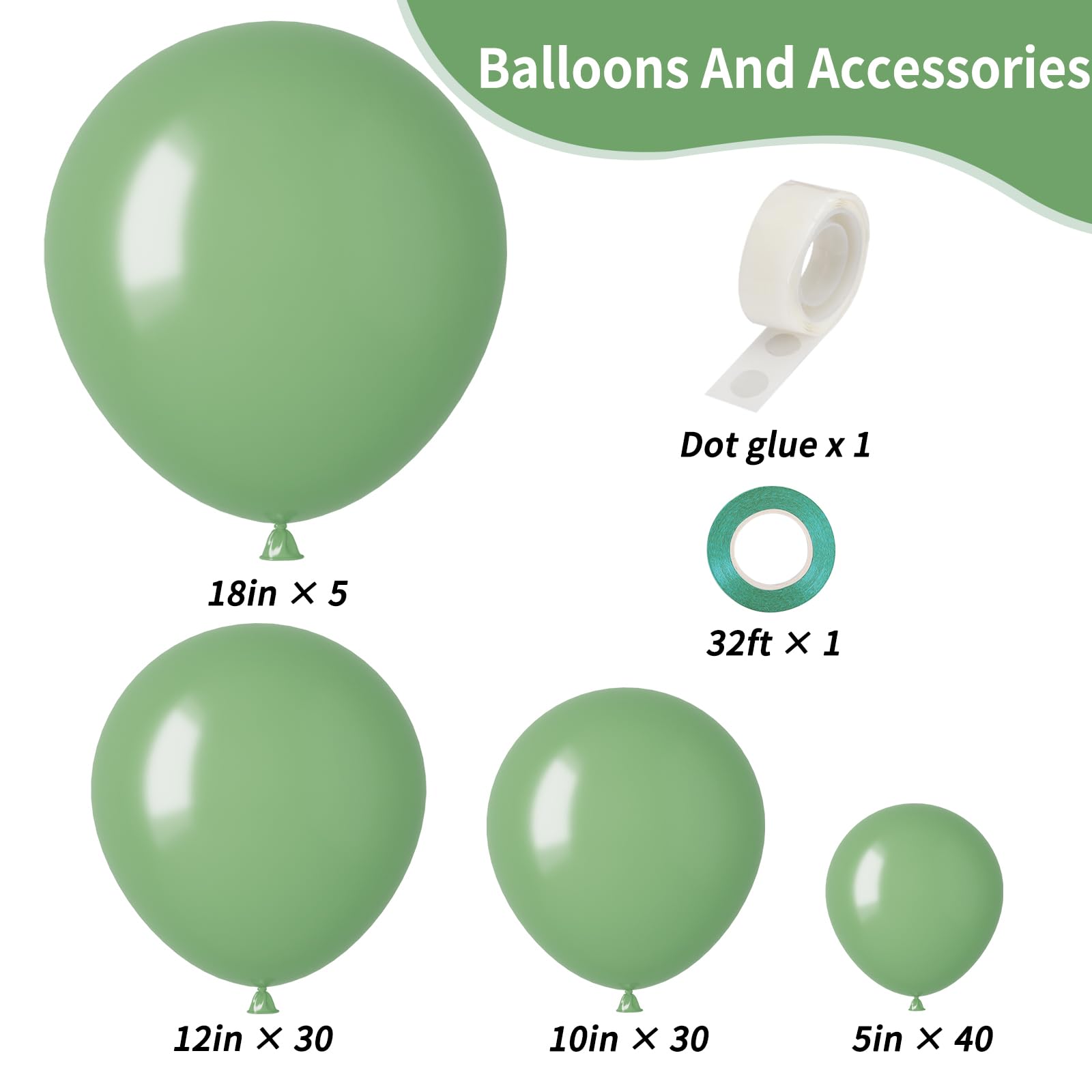 RUBFAC Sage Green Balloons Different Sizes 105pcs 5/10/12/18 Inches for Garland Arch, Olive Green Party Latex Balloons for Birthday Graduation Baby Shower Wedding Anniversary Party Decoration