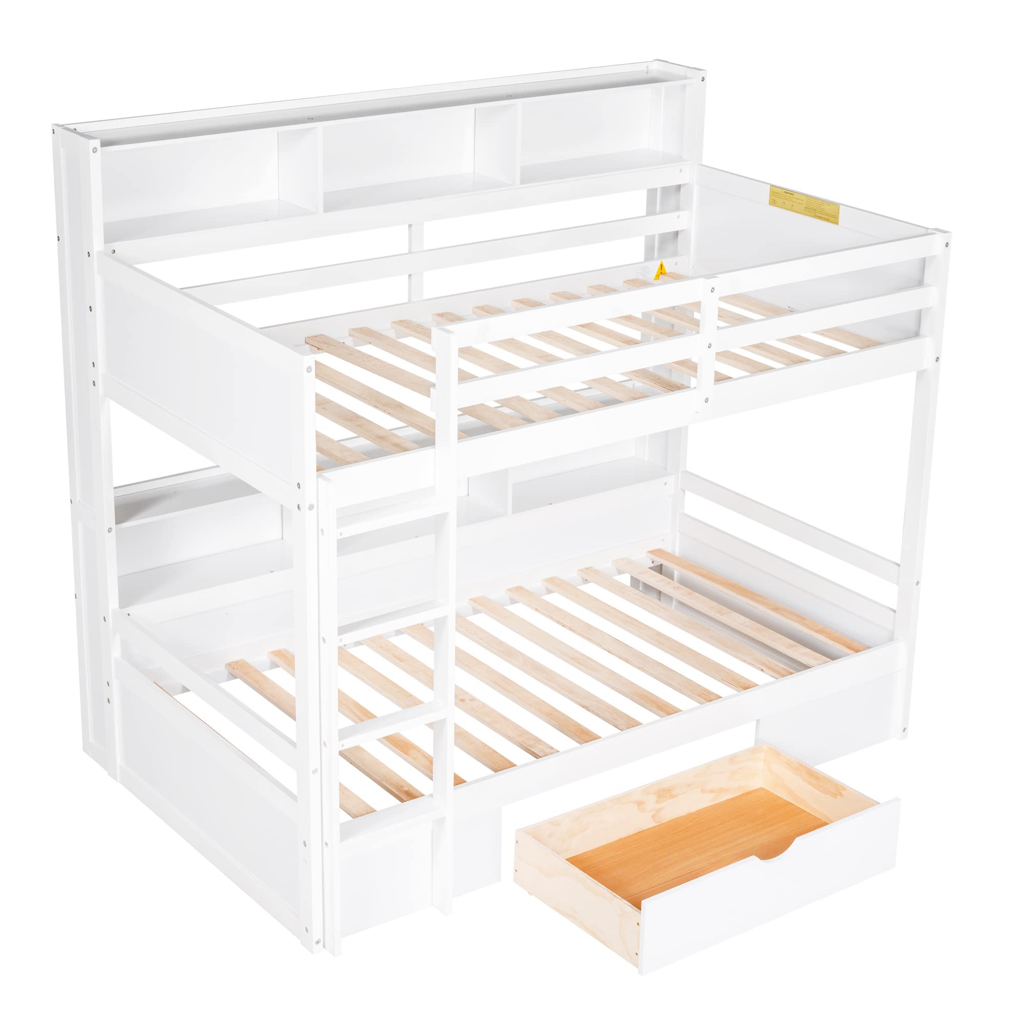 Harper & Bright Designs Bunk Bed Twin Over Twin with Storage,Wood Twin Bunk Beds with Built-in Shelves Beside Both Upper & Down Bed,Multi Storage Bunk Beds with Drawer for Kids Girls Boys,White