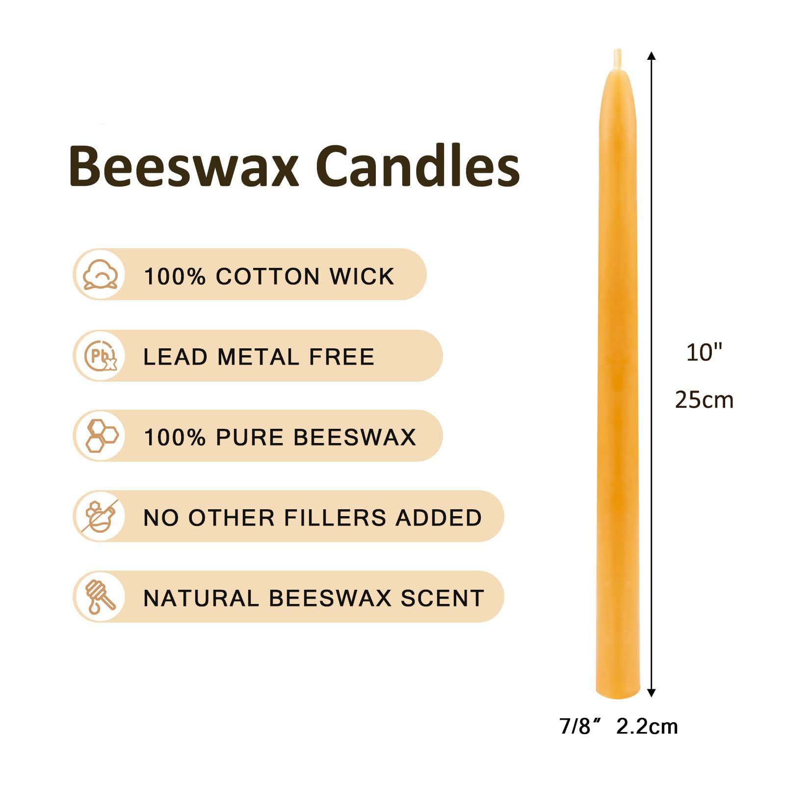 Beeswax Taper Candles, 10 inch Natural Beeswax Tapers Candle Sticks 12 Pack - Unscented and Smokeless - 9 Hours Long Burning Time for Home Decor, Party, Wedding