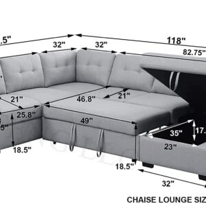 Sleeper Sofa Couch Bed with Pull Out Couch Living Room Set Sectional Sleeper Sofa with Storage Chaise Modular Couch Fabric Sofa Bed in Grey