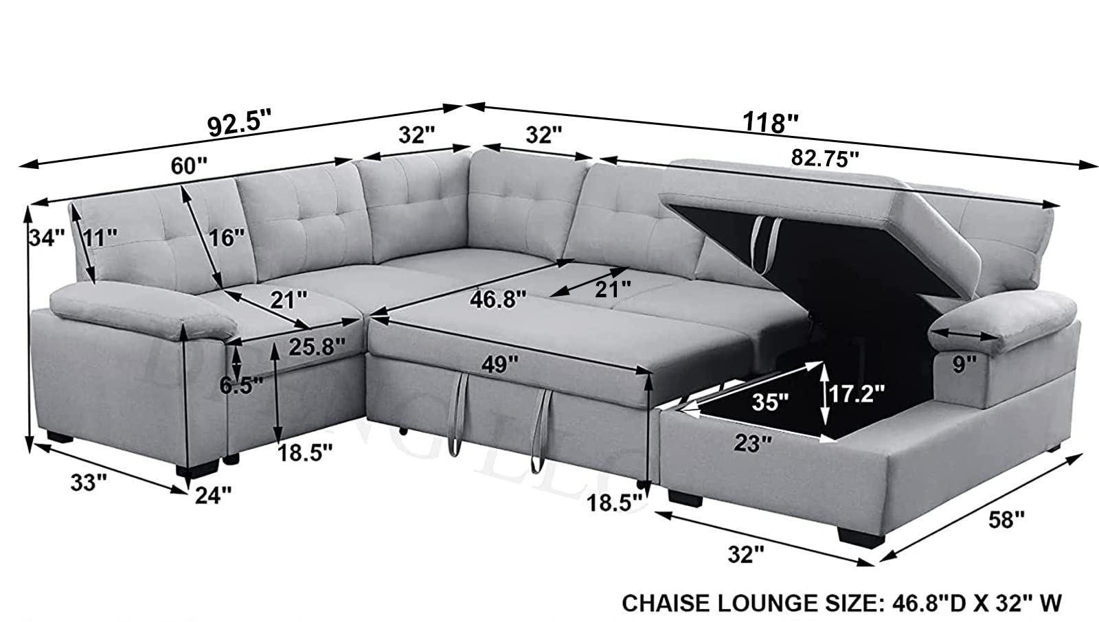 Sleeper Sofa Couch Bed with Pull Out Couch Living Room Set Sectional Sleeper Sofa with Storage Chaise Modular Couch Fabric Sofa Bed in Grey