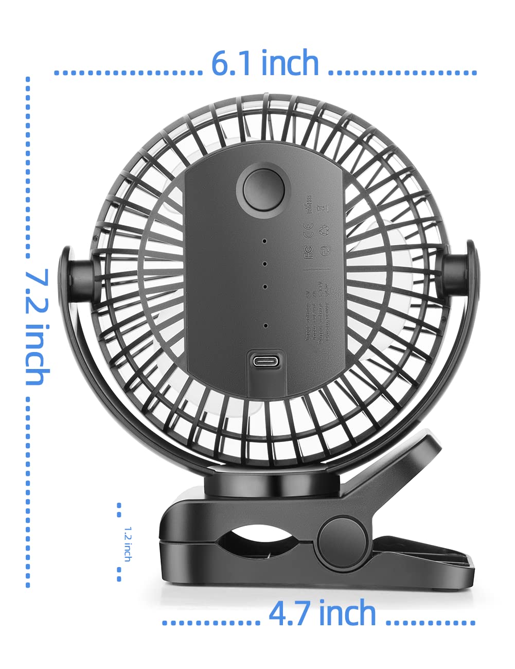 VANPRT 5000mah Clip on Fan, 6'' Portable Rechargeable Battery Fan, 7-30 Working Hours, 3 Speeds Strong Airflow, 720° Rotation, Quiet, Strong Clamp for Desk/Office/Golf/Car/Gym/Treadmill - Blue