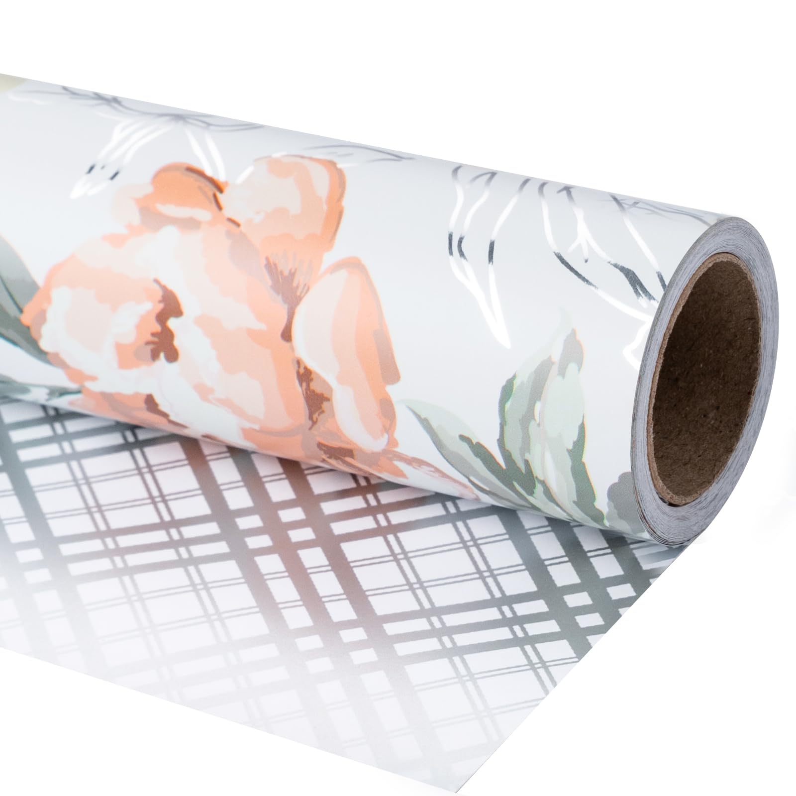 LeZakaa Reversible Silver Foil Wrapping Paper Roll - Silver Flower & Plaid Design for Wedding, Engagement, Bridal Shower, Anniversay, Mother's Day - 17 inches x 32.8 Feet