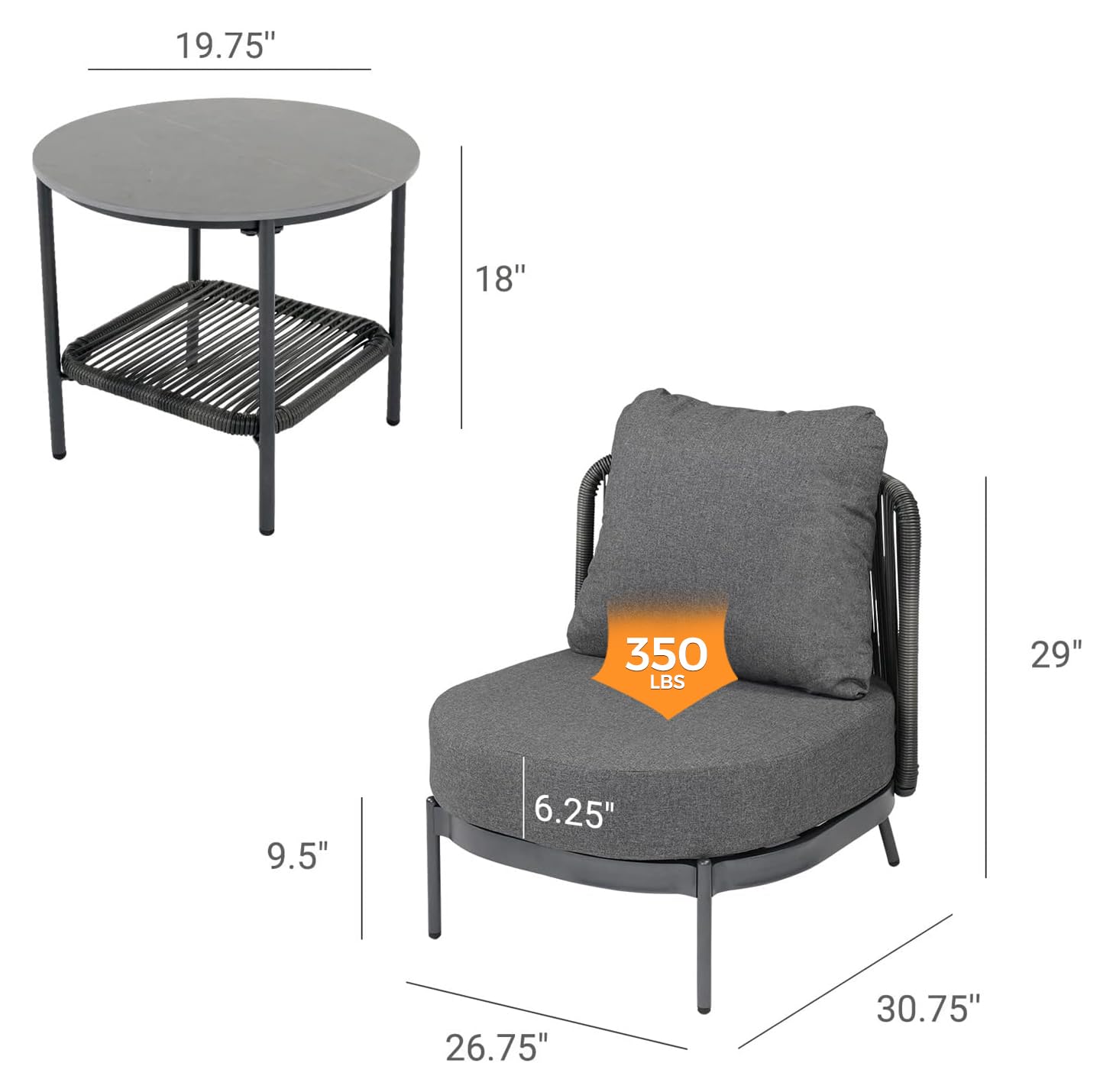 Grand patio Outdoor 3-Piece Conversation Seating Set - Low Slung Comfort, Lightweight Aluminum Frame, Water-Resistant 6.25" Thick Cushions - Dark Gray