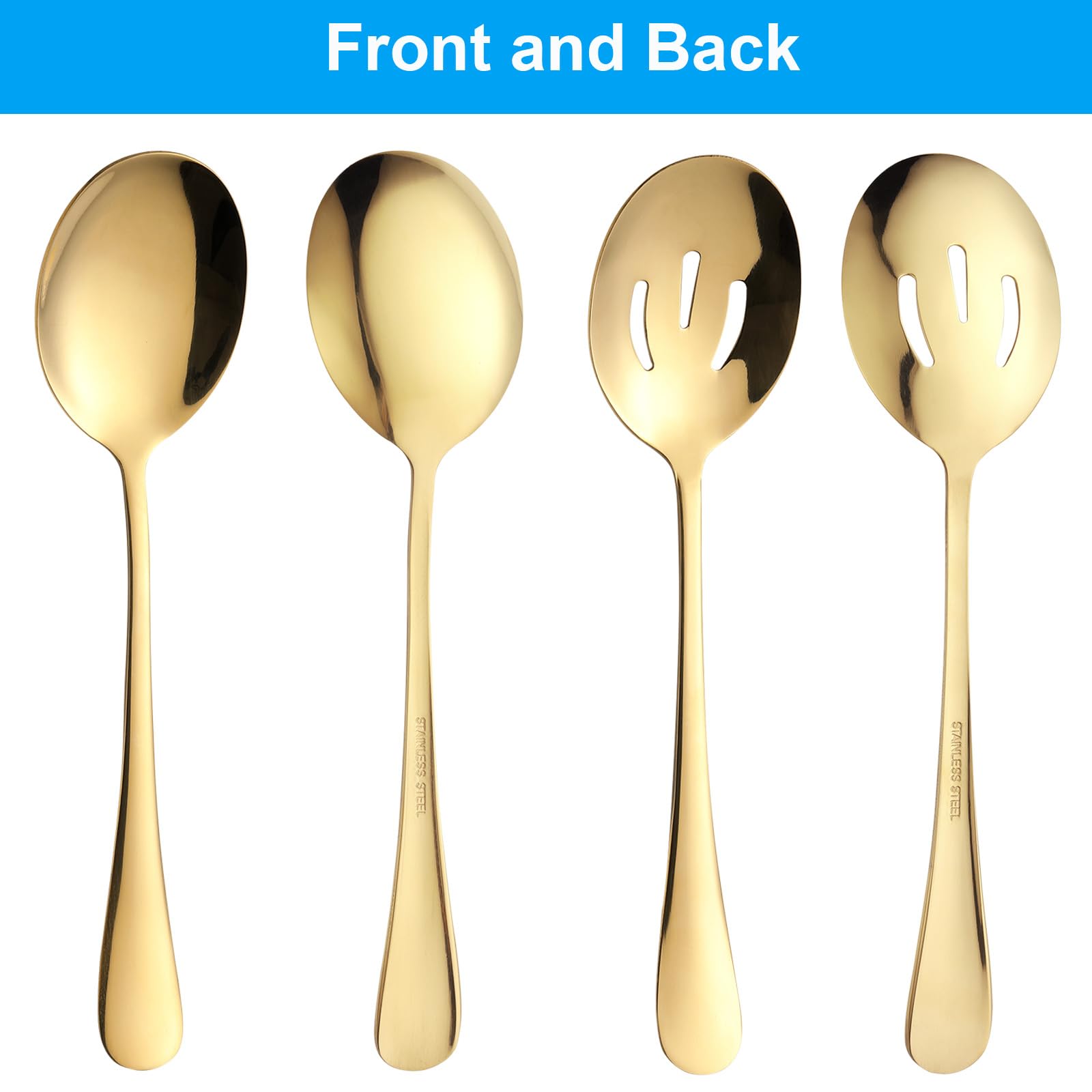 6 Pieces Serving Spoons Set, 8.7 Inch Serving Spoon, Includes 3 Serving Spoons and 3 Slotted Spoons, Stainless Steel Buffet Banquet Spoons, Large Spoons Utensils Cutlery Set for Kitchen, Gold