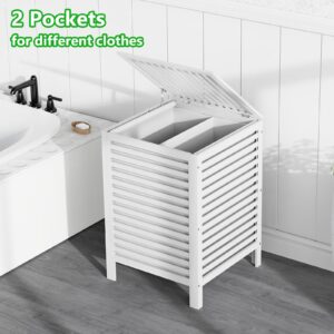 Laundry Hamper with Lid, 120 L Large Double hampers for laundry, Bamboo Two section divided Clothes Basket sorter for Bathroom, Bedroom with Removable Liner Bags,White