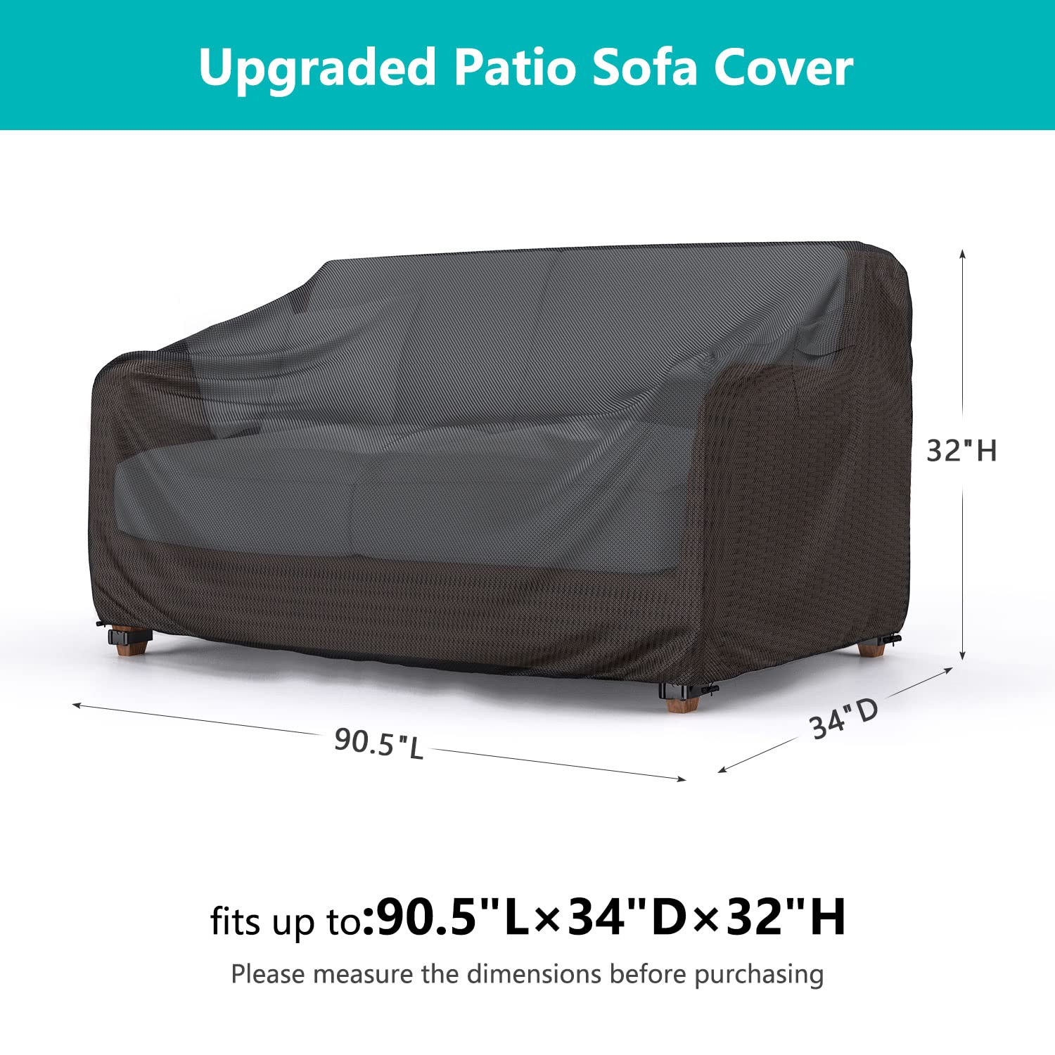 Heavy Duty Patio Sofa Cover, Waterproof 3-Seater Outdoor Sofa Cover Patio Furniture Covers for Outdoor Furniture Loveseat Couch, 90.5" L×34" D×32" H, Black