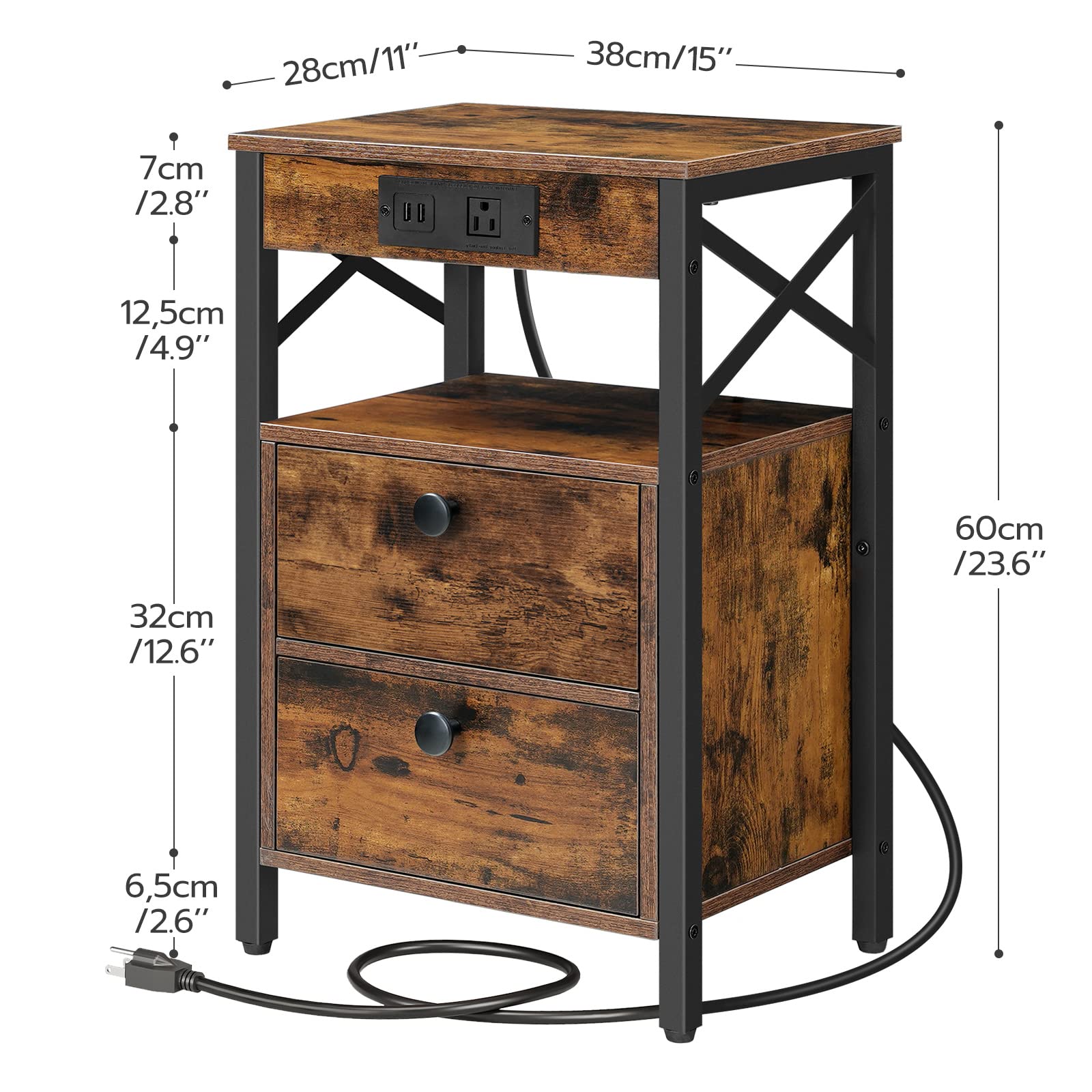 HOOBRO Nightstand with Charging Station, End Table with 2 Drawer, Sofa Side Table with USB Port, Multi-Level Storage Space, for Bedroom, Adjustable Feet, Stable, Rustic Brown and Black BF138UBZ01