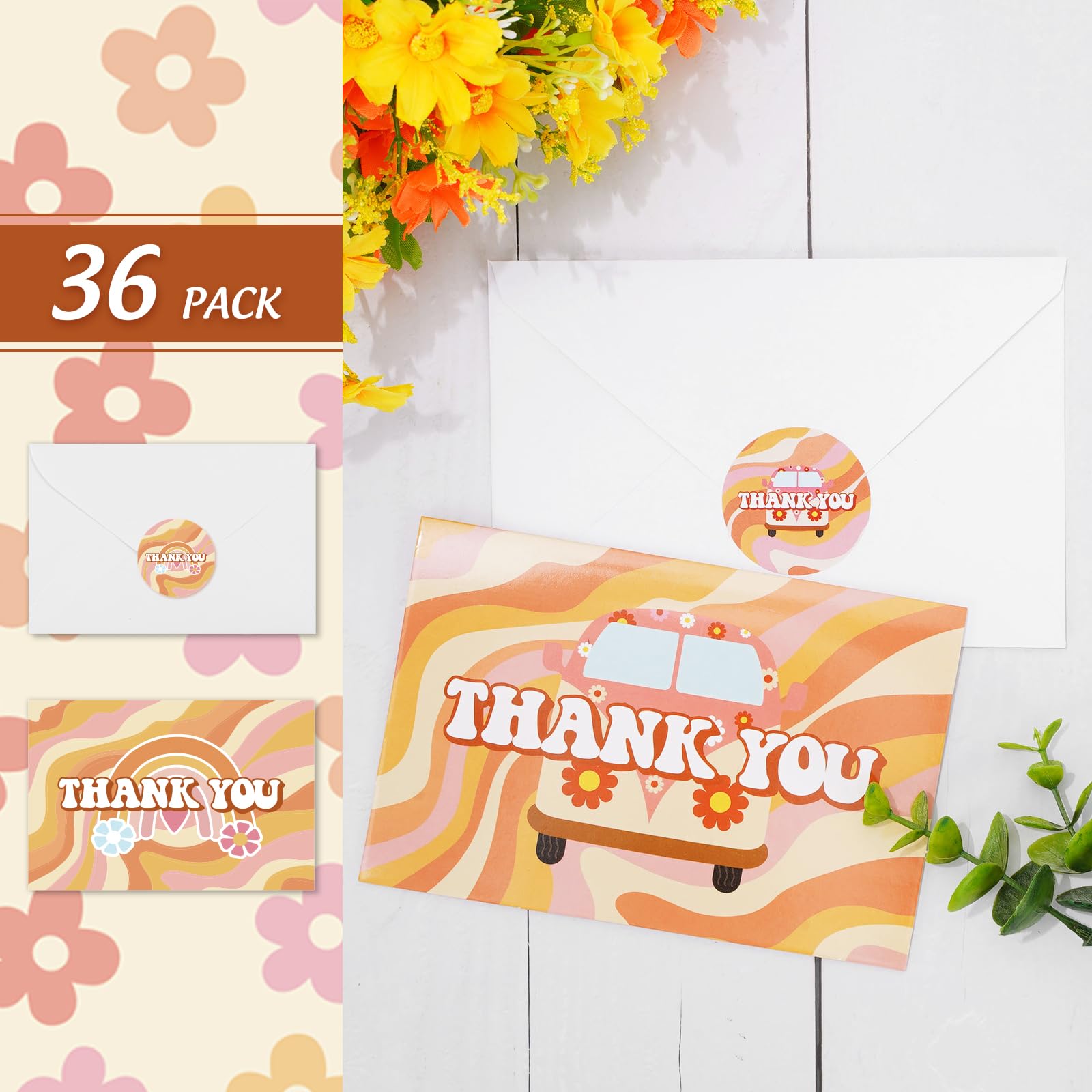 Whaline 36Pcs Groovy Retro Hippie Thank You Cards Thanksgiving Boho Floral Greeting Cards with Envelops and Stickers Rainbow Flower Note Card for Birthday Wedding Bridal Shower Party Decor, 4 x 6inch