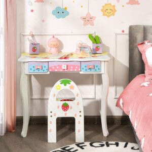 MAT EXPERT Kids Vanity with Stool & Mirror, Pretend Dresser Playset w/Tri-Folding Oval Mirror & 3 Drawers, Toddler Vanity w/Detachable Top, 2 in 1 Princess Makeup Dressing Table w/5 Accessories