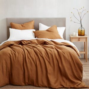 HiEnd Accents Linen Duvet Cover Set 100% French Flax Linen Duvet Covers King, Orange Caramel Solid Color Breathable Durable Cooling Linen Bedding Set with 1 Linen Comforter Cover and 2 Shams