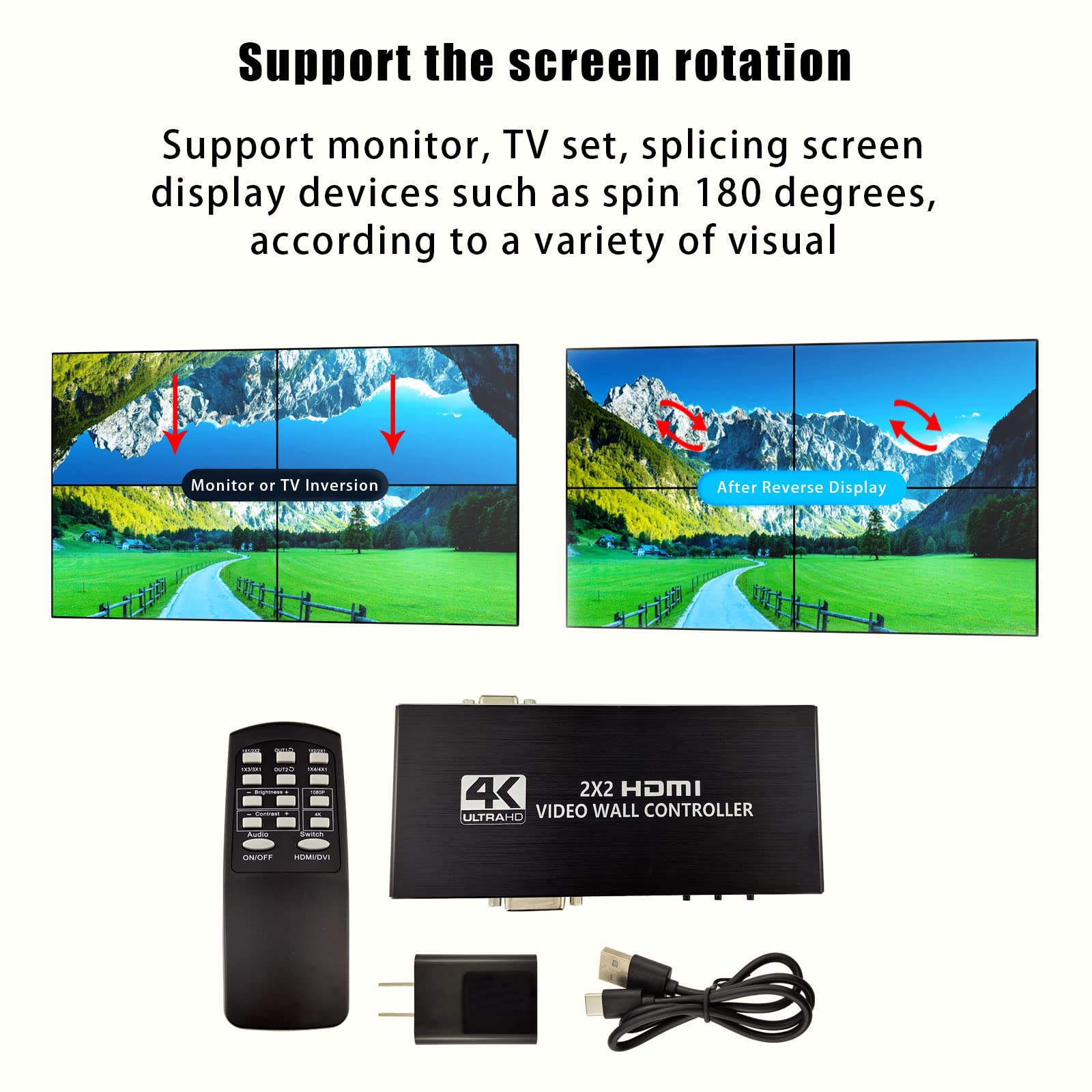 Video Wall Controller, 4K x 2K HD Seamless Splicing Professional Processor with HDMI+DVI+RS232 Input, 4 Way HDMI & SPDIF Output 180 Degree Rotate TV Wall Display 2x2, 1x2, 1x3, 1x4, 2x1, 3x1, 4x1