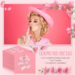 100 Pcs Let's Go Girls Napkins, Hot Pink Silver Foil Bachelorette Party Decorations Cocktail Napkins, Western Cowgirl Disco Last Bachelorette Bridal Shower Birthday Party Supply, 2 ply, 5 x 5"