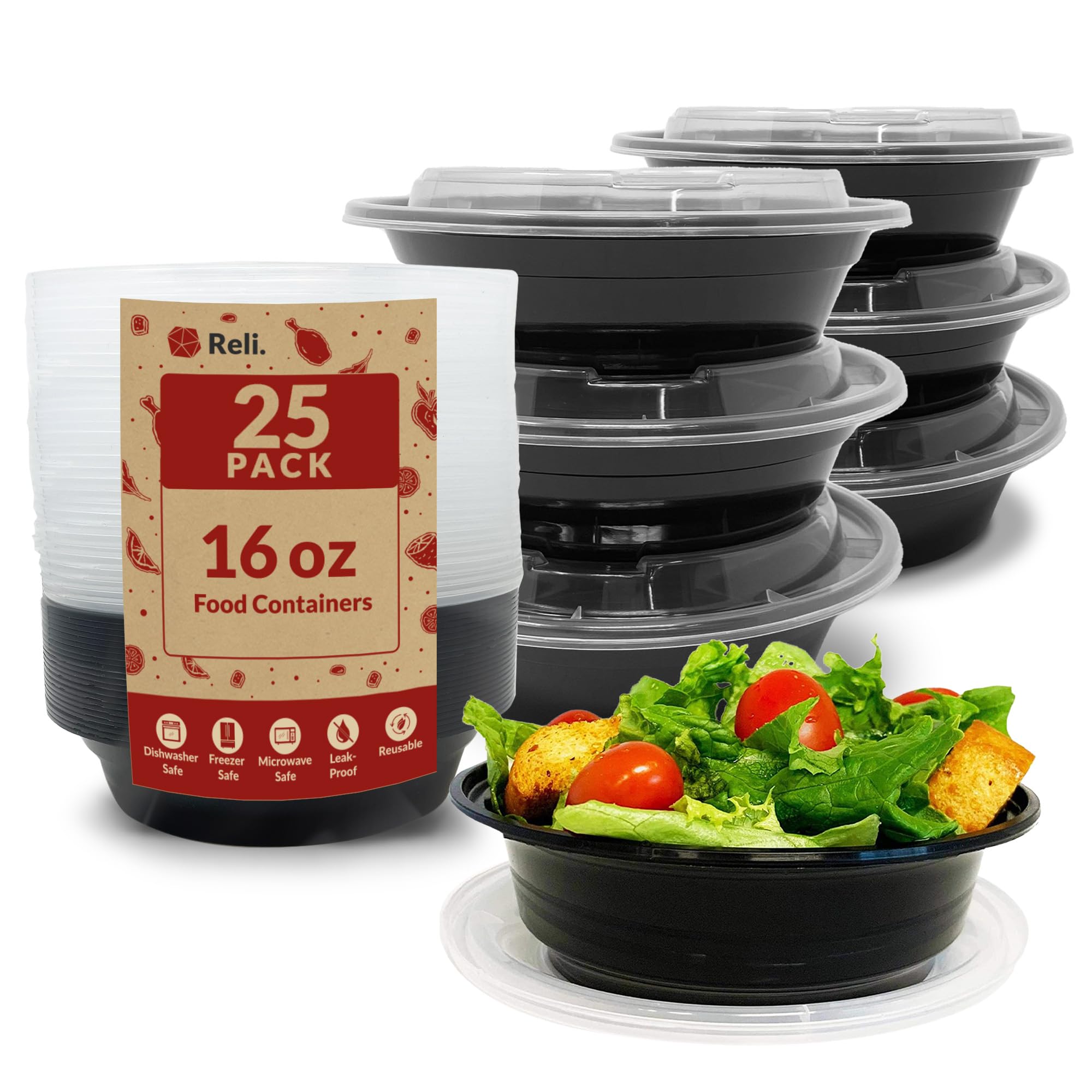 Reli. Meal Prep Container Bowls, 16 oz (25 Pack) Meal Prep Containers Reusable | Plastic Take Out Food Containers, Microwavable Bowls | Disposable Bowls with Lids for Takeout, To Go, Leftover