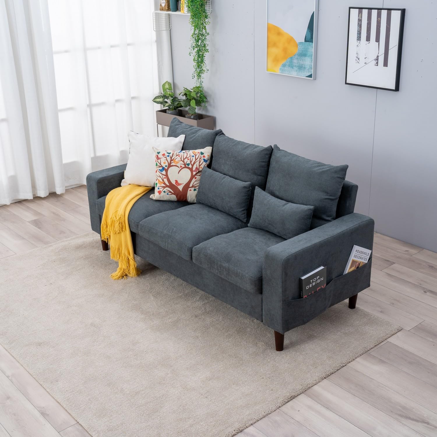 Panana 3 Seater Sectional Upholstered Fabric Sofa 76.5 Couch for Compact Living Room with Wood Legs, Free 2 Small Cushions,Grey 3 Seater