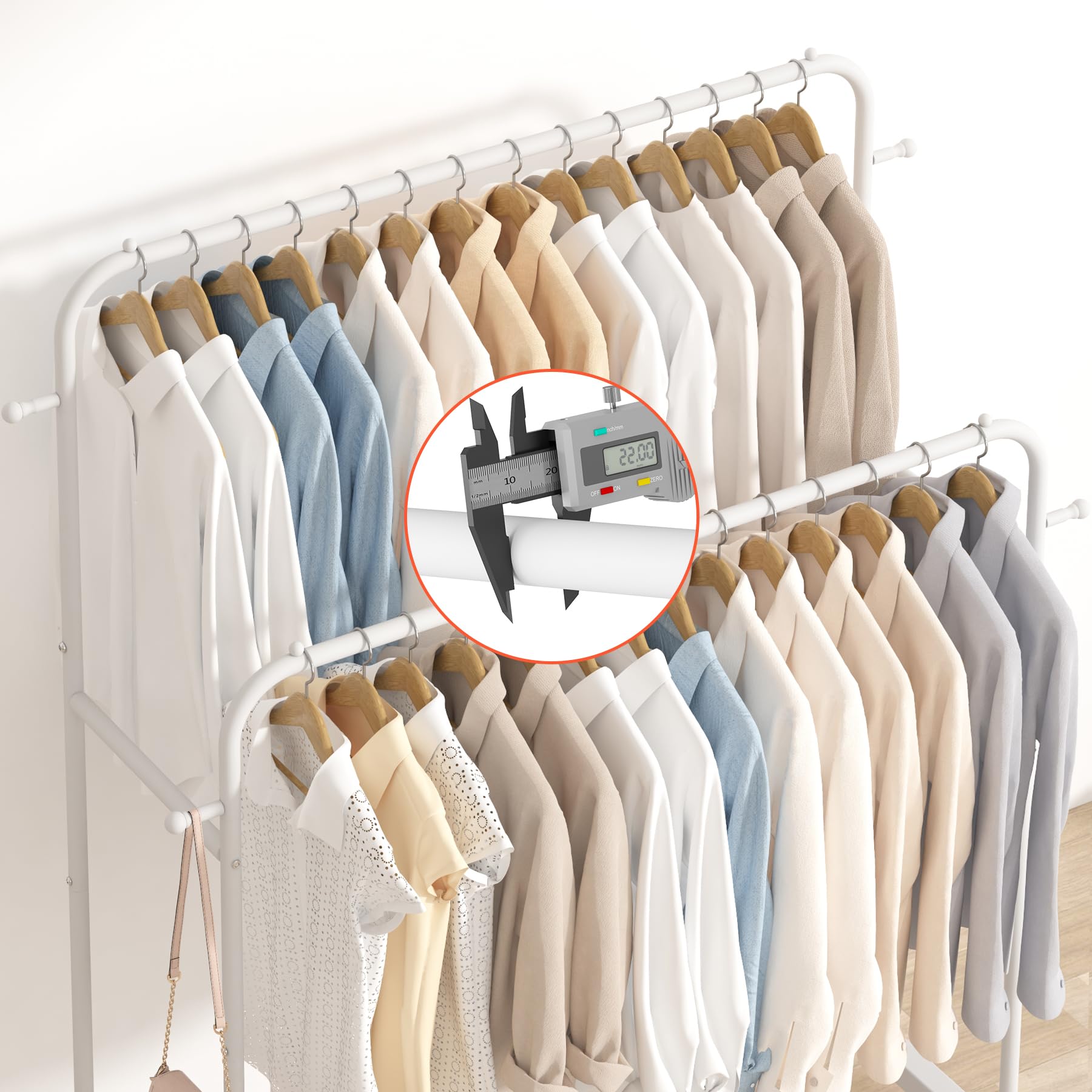 Laiensia Double Rods Garment Rack with Wheels, Clothing Rack for Hanging Clothes,4 Hooks, Multi-functional Bedroom Clothes Rack, White