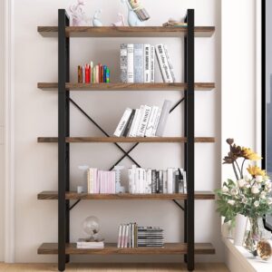 LZ-DONGMAN 5-Tier Bookshelf Large Etagere Book Shelves,Industrial Style Bookcase and Book Shelves,Open Large Real Wood Bookshelfs,Retro Brown for Living Room Office, Retro Brown (LZ01-5tier-PLUS)