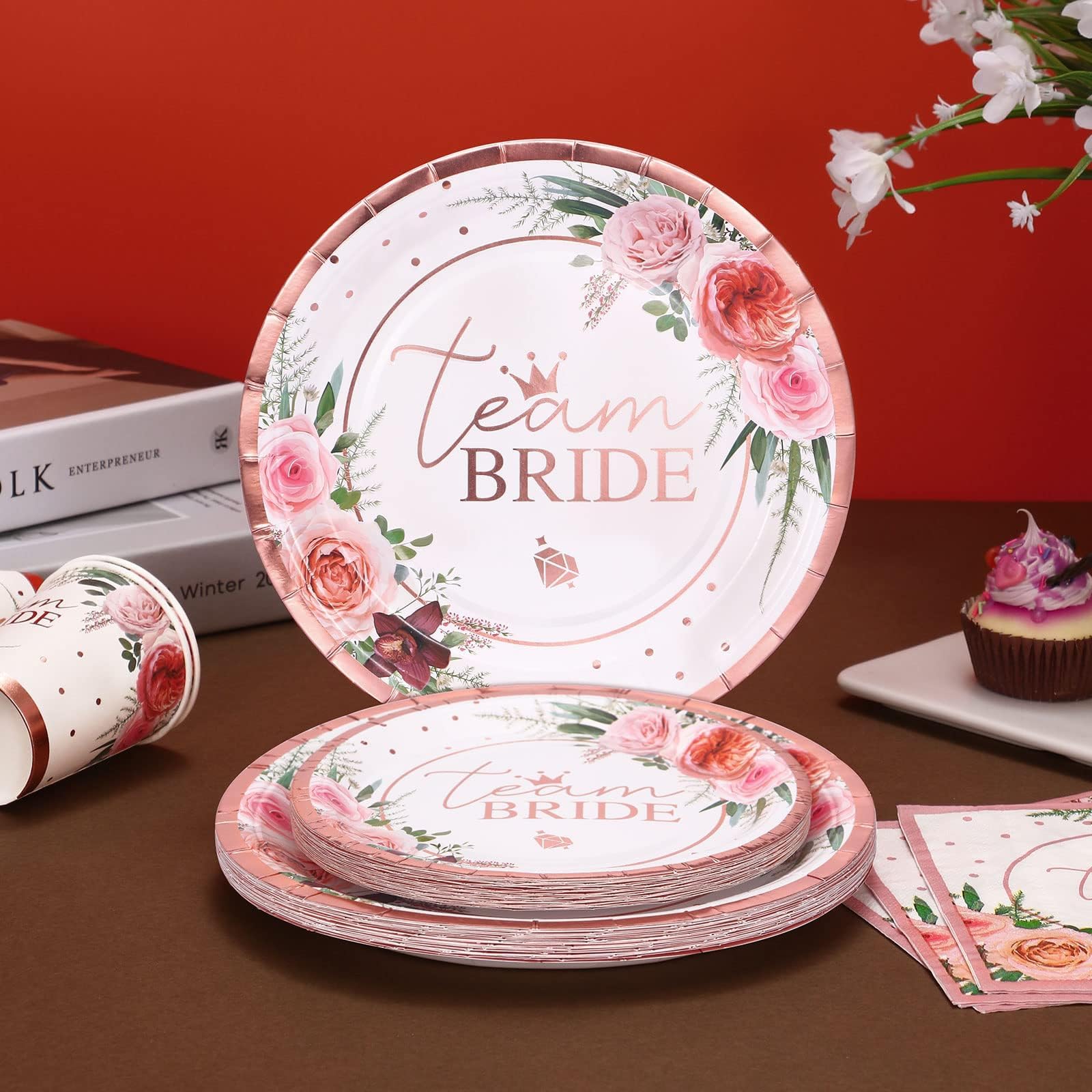 Rose and Gold Bridal Shower Party Decorations, Bridal Shower Plates and Napkins Party Supplies, Rose Paper Plates for Engagement Wedding Shower Deocr, Serves 24