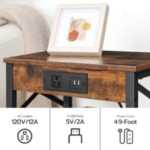 HOOBRO Nightstand with Charging Station, End Table with 2 Drawer, Sofa Side Table with USB Port, Multi-Level Storage Space, for Bedroom, Adjustable Feet, Stable, Rustic Brown and Black BF138UBZ01