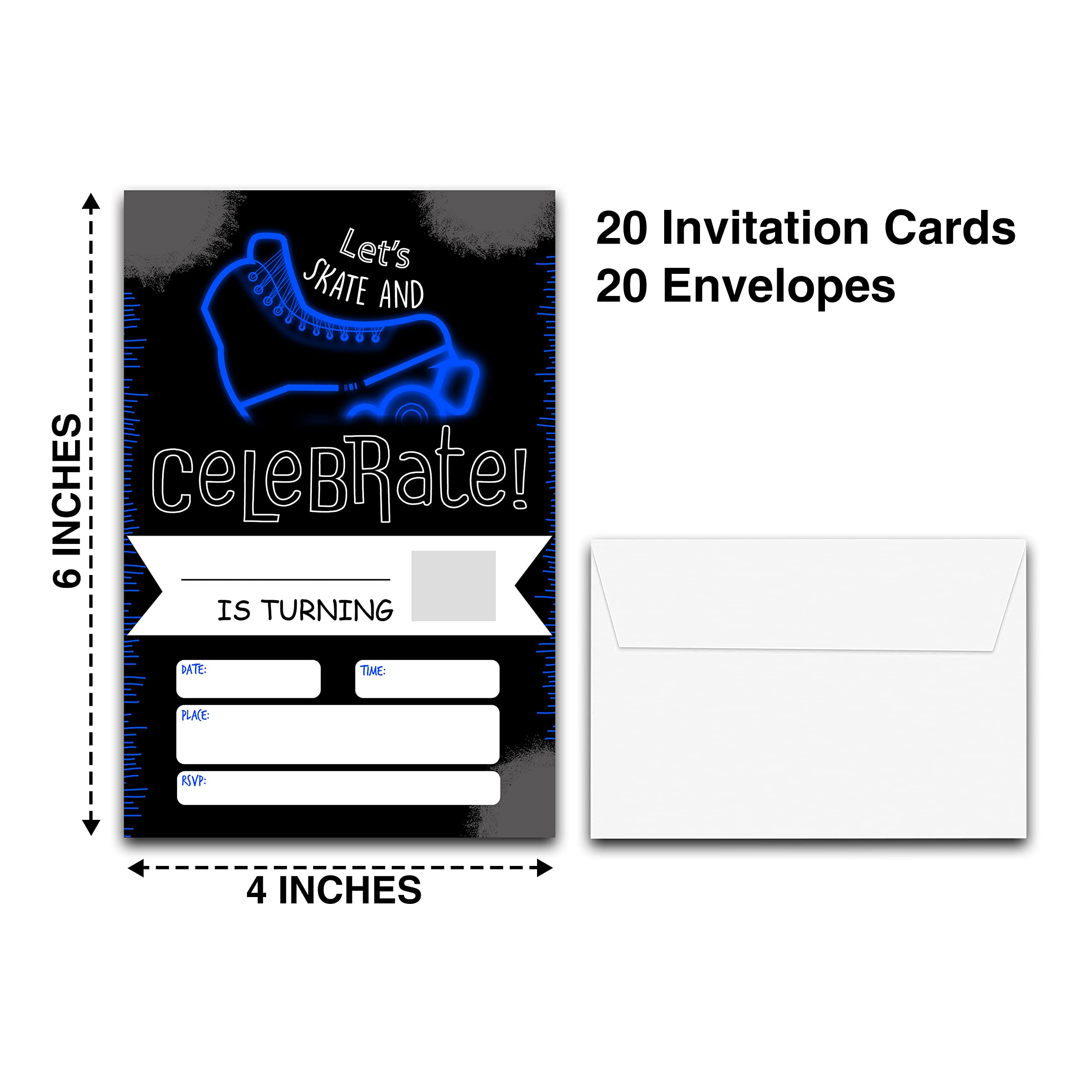 DETIHO 4" x 6" Blue Roller Skating Skating Theme Birthday Party Invitation Cards With Envelopes - Let's Skate and Celebrate - Neon Glow Skating Party Invitation - 20 Sets - E43