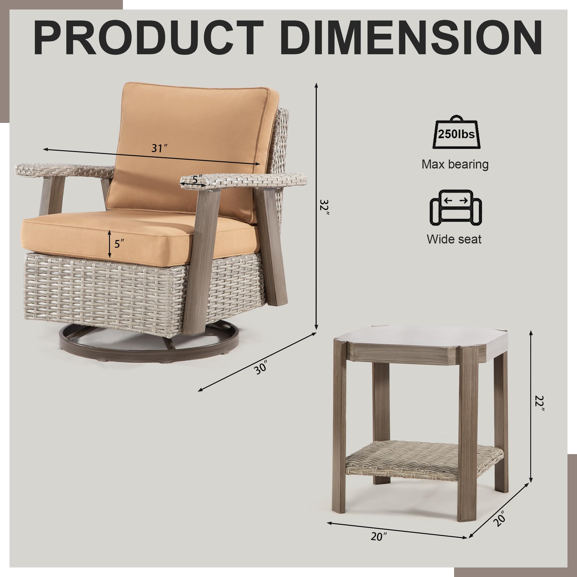 Joyside Outdoor 360 Degree Swivel Rocker Patio Chairs Sets of 2 and Matching Side Table - 3 Piece Wicker Patio Bistro Set with Premium Fabric Cushion(Grey/Camel)