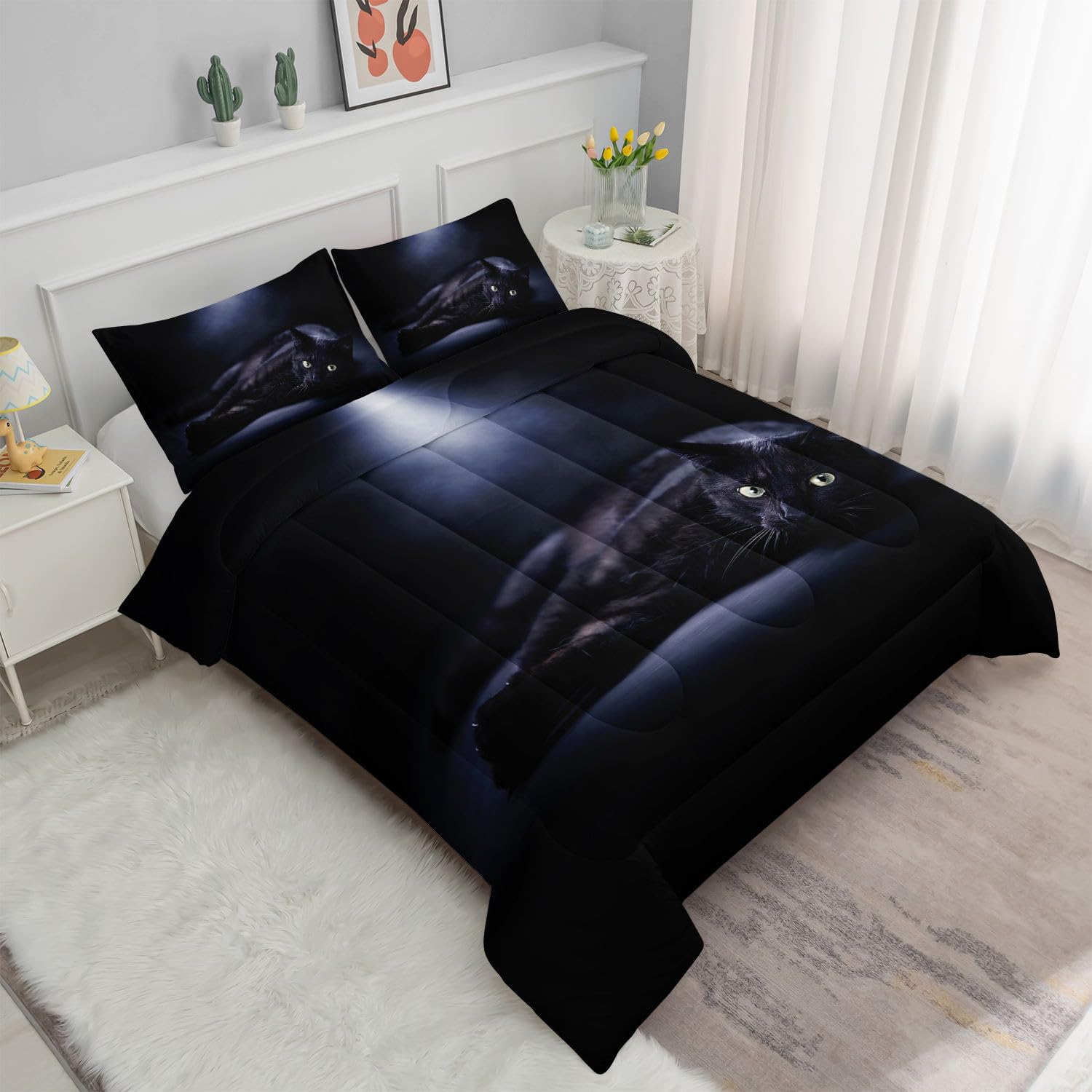 Datura home Cat Bedding Comforter Set Black in Dark 3D Digital Printed Pattern Quilt with 1 and 2 Pillowcases for Adult Kids Bedroom All Season(Black Twin), Twin 68x86inches