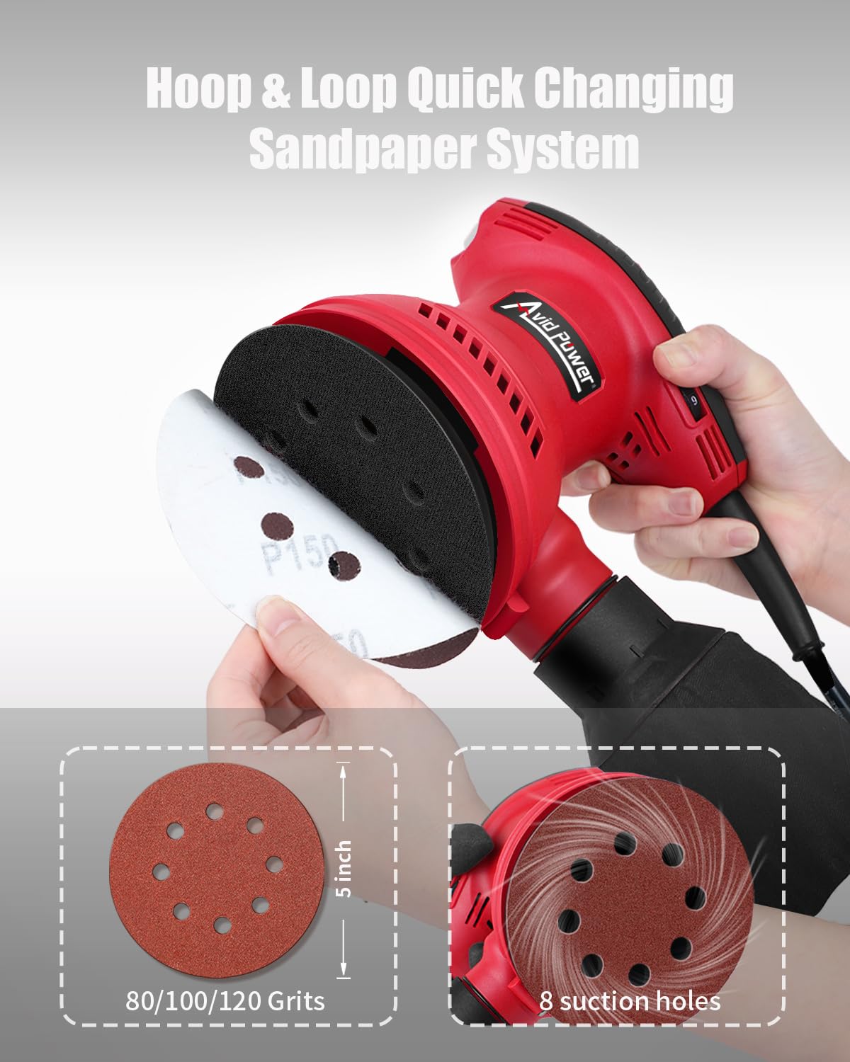 AVID POWER Orbital Sander 3.0 Amp 5 Inch Electric Sander Tool 6 Variable Speeds Random Orbit Sander for Woodworking, 7000-14000 RPM, 12 Pcs Sandpapers