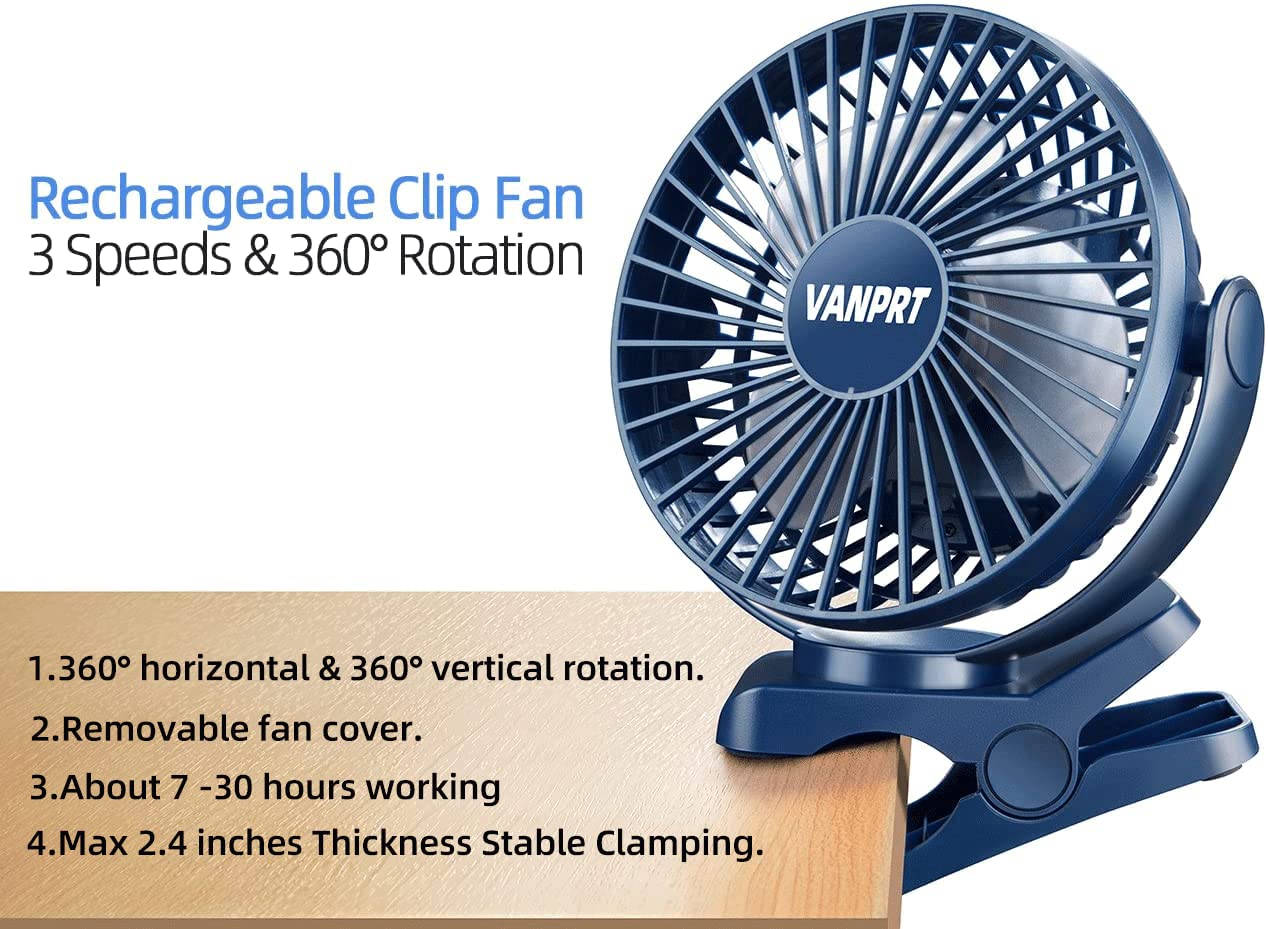 VANPRT 5000mah Clip on Fan, 6'' Portable Rechargeable Battery Fan, 7-30 Working Hours, 3 Speeds Strong Airflow, 720° Rotation, Quiet, Strong Clamp for Desk/Office/Golf/Car/Gym/Treadmill - Blue