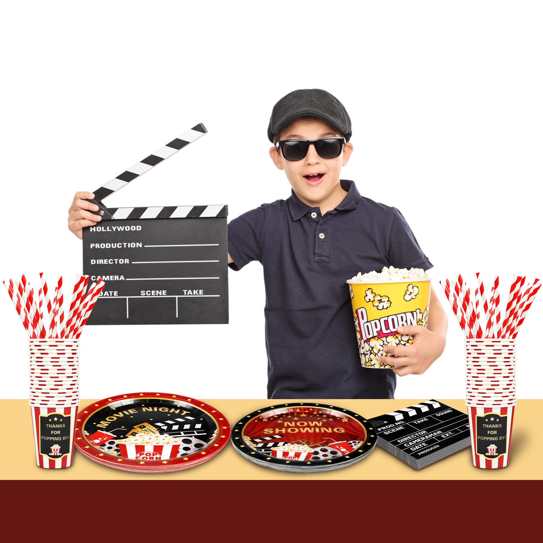 Recheel Movie Night Party Supplies Decorations, Movie Theme Birthday Paper Plates and Napkins Set with Cups and Straws for 24 Guests, 120 Pcs Disposable Party Snack Dinnerwares