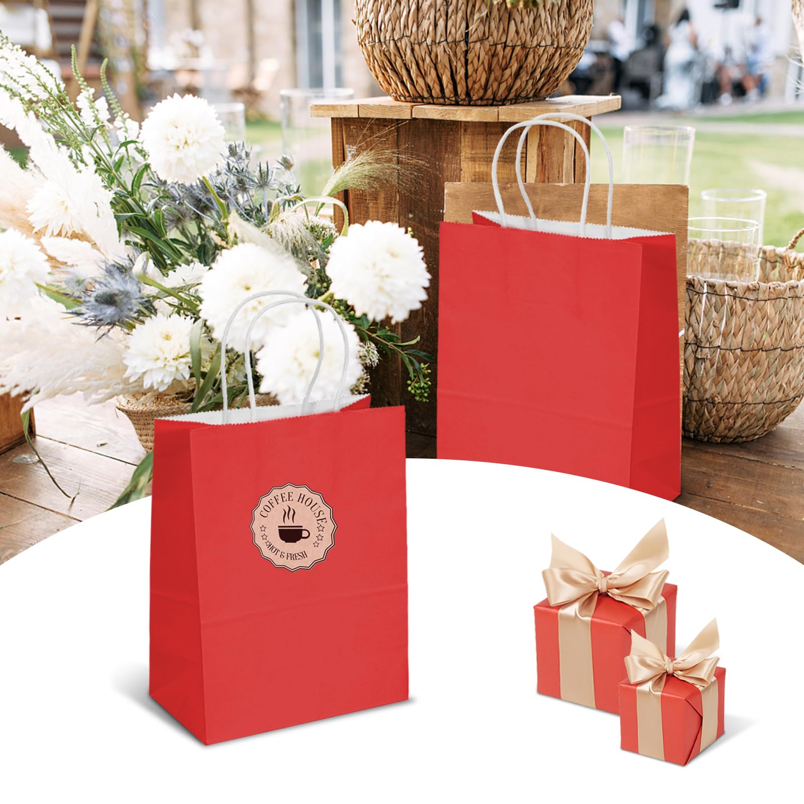 TOWRAP Red Gift Bags 25Pcs 8x4.25x10.5 Inch Medium Kraft Paper Bags with Handles Bulk, Shopping Bags, Party Bags, Retail Bags, Merchandise Bags, Favor Bags