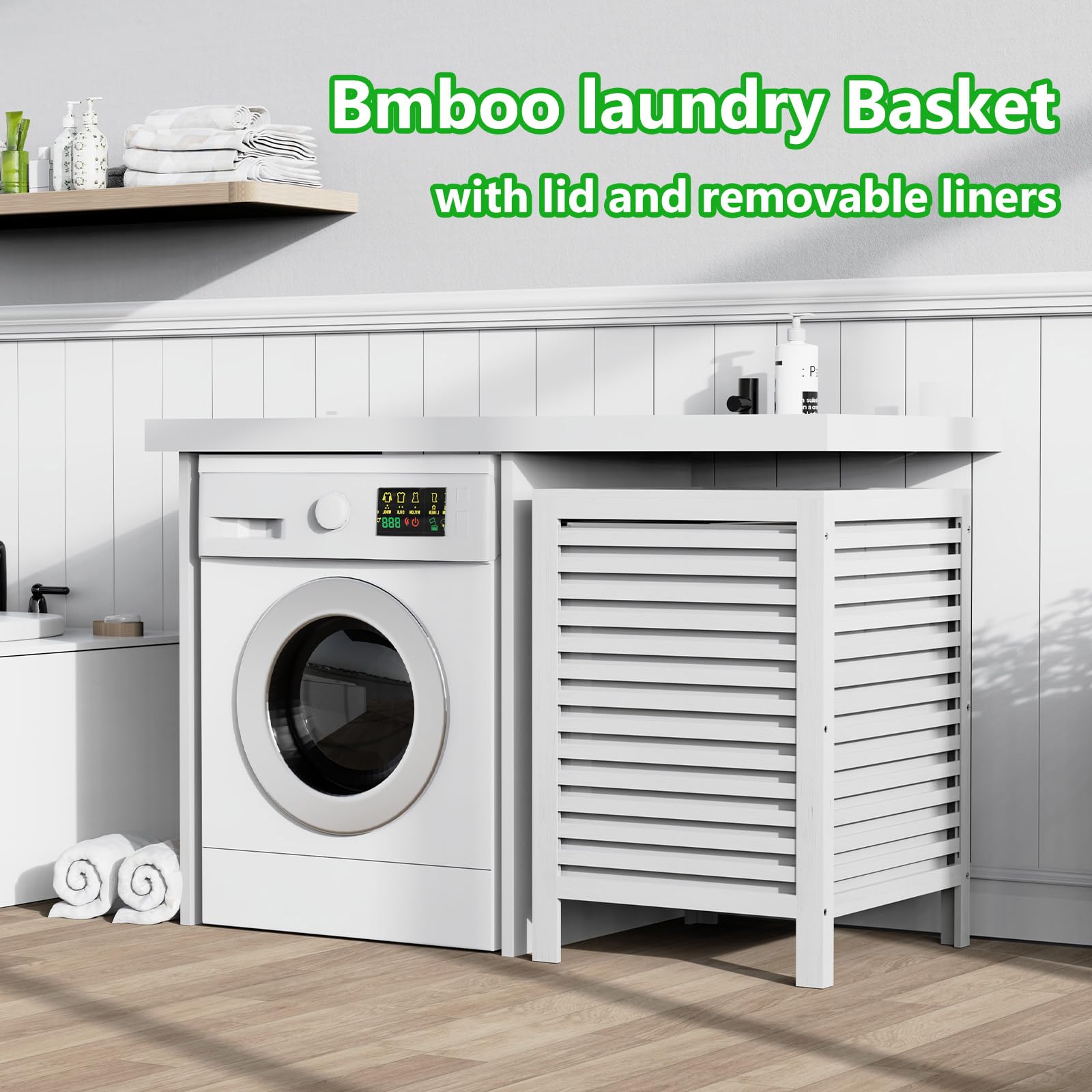 Laundry Hamper with Lid, 120 L Large Double hampers for laundry, Bamboo Two section divided Clothes Basket sorter for Bathroom, Bedroom with Removable Liner Bags,White