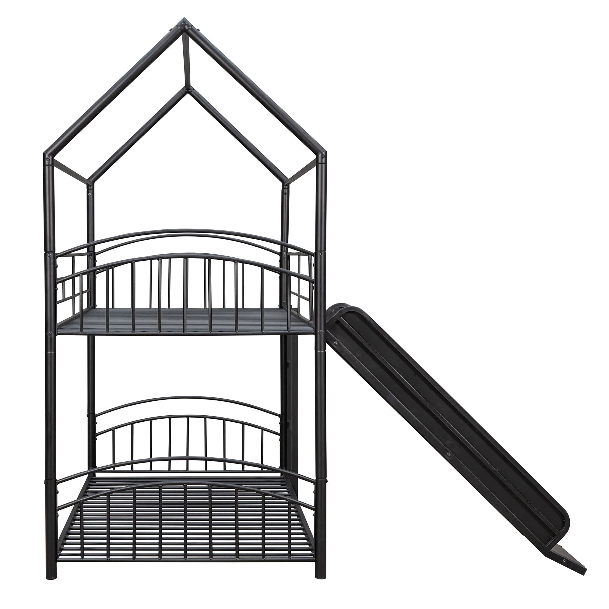 House Bunk Bed with Slide, Twin Over Twin Metal Bunk Bed with Roof and Security Guardrail, Floor Bunk Bed for Kids Teens Boys & Girls, Convertible Design (Black)