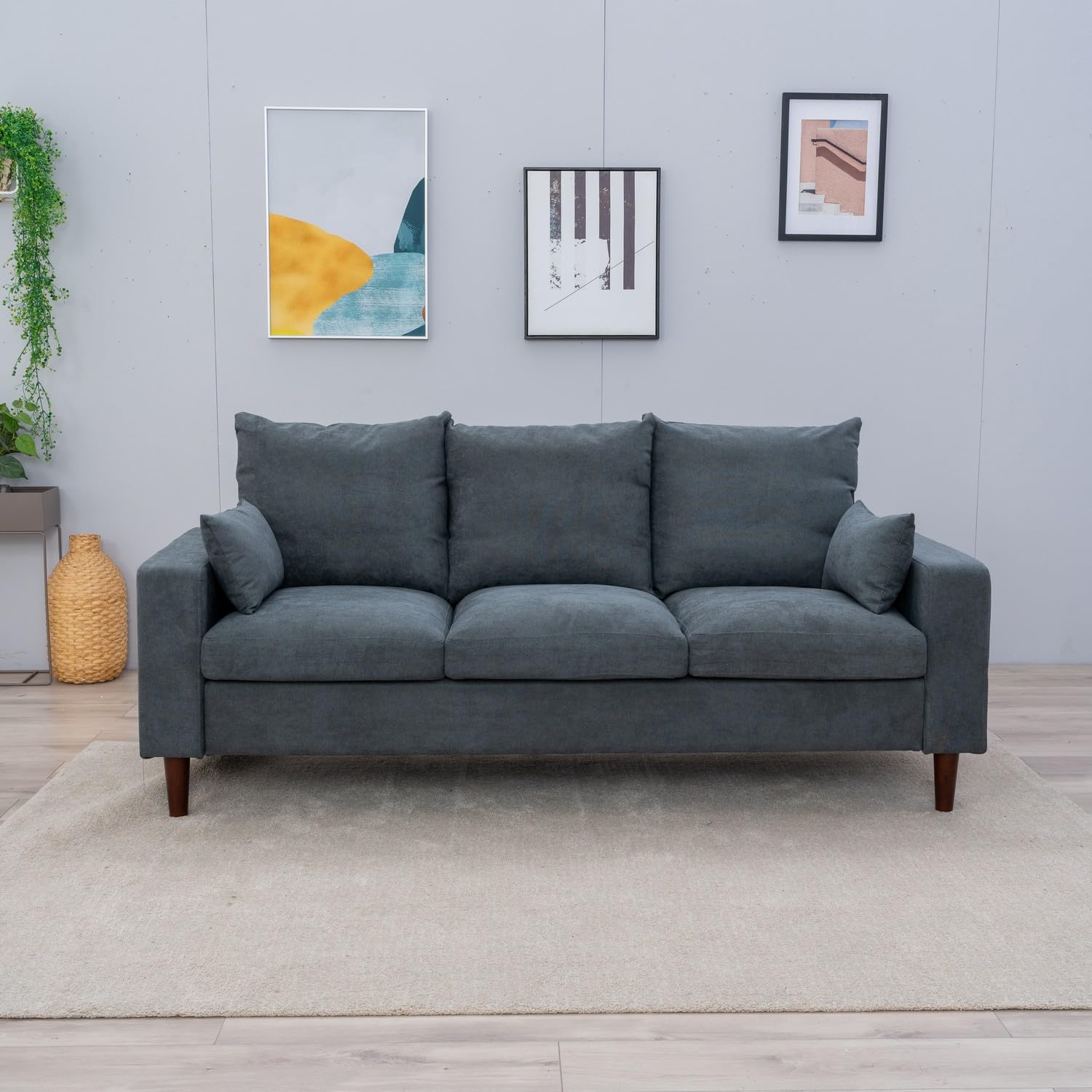 Panana 3 Seater Sectional Upholstered Fabric Sofa 76.5 Couch for Compact Living Room with Wood Legs, Free 2 Small Cushions,Grey 3 Seater