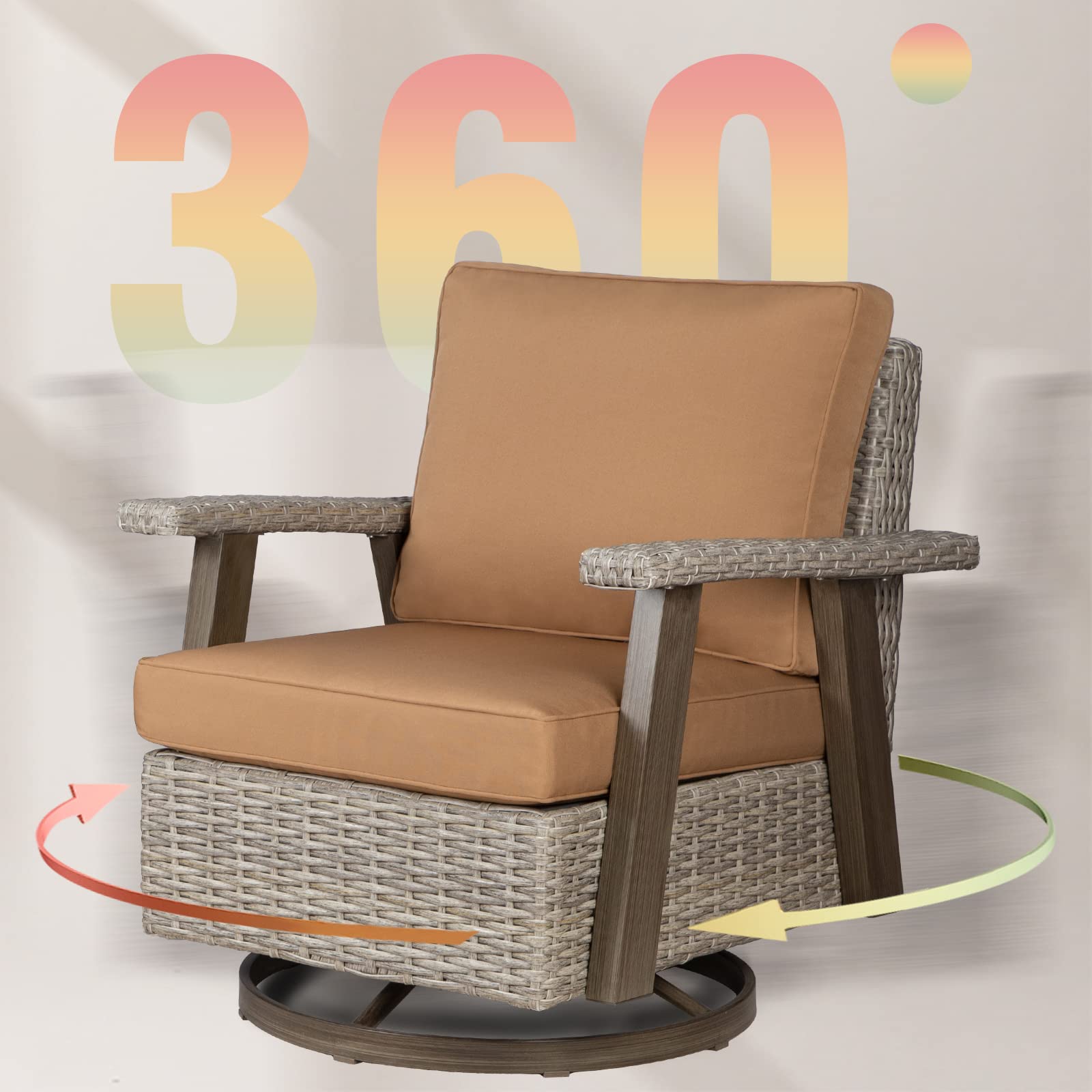 Joyside Outdoor 360 Degree Swivel Rocker Patio Chairs Sets of 2 and Matching Side Table - 3 Piece Wicker Patio Bistro Set with Premium Fabric Cushion(Grey/Camel)