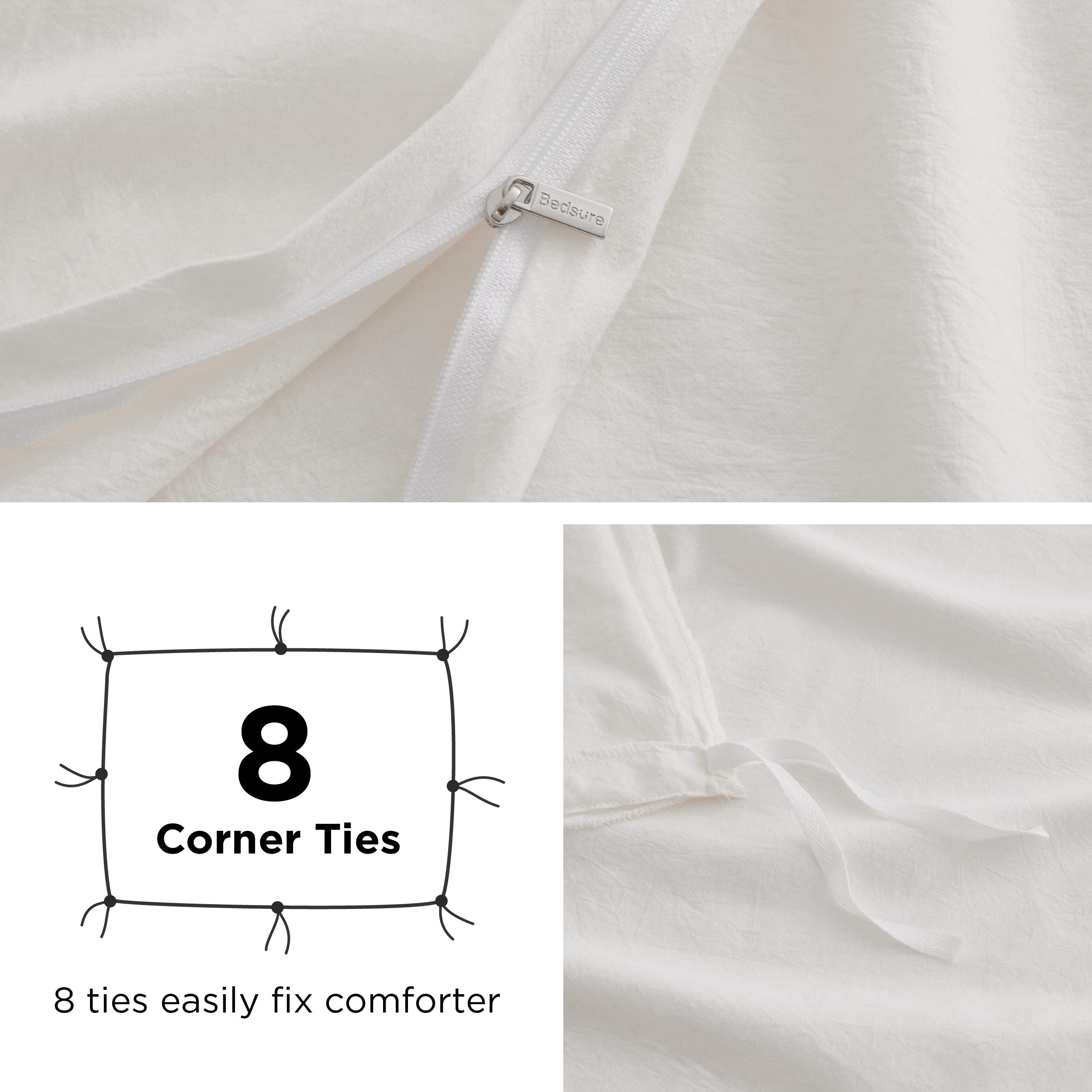 Bedsure 100% Washed Cotton Duvet Cover Queen Size - Natural White Minimalist Duvet Cover for All Seasons - 3 Pieces Plain Simple Cotton Duvet Cover Set with 2 Pillow Shams (White, Queen, 90"x90")