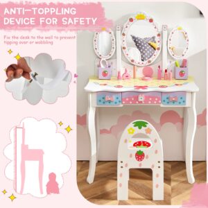 MAT EXPERT Kids Vanity with Stool & Mirror, Pretend Dresser Playset w/Tri-Folding Oval Mirror & 3 Drawers, Toddler Vanity w/Detachable Top, 2 in 1 Princess Makeup Dressing Table w/5 Accessories