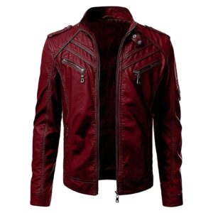 maiyifu-gj slim motorcycle jacket for men faux leather zip up windproof moto coat stand collar vintage bomber outerwear (red wine,x-large)