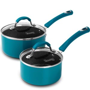 michelangelo sauce pan sets, 1 qt and 2 qt saucepans with lids, enameled sauce pan with lid, small pot with lid, non-stick saucepan set, sauce pot with silicone handle, oven safe, red