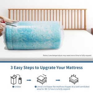 IULULU Mattress Topper, 4 Inch Queen Size Gel Memory Foam Bed Topper, Pressure Relief, CertiPUR-US Certified, Light Blue