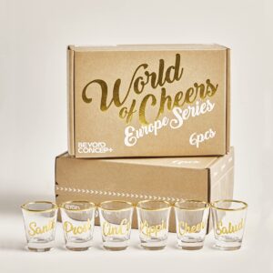 World of Cheers Europe Series, Set of 6 cute shot glasses bulk (1.5oz / 50ml) Heavy Base Shot Glasses Set, Detailed with Gold Rim shot glass, and Typography, an Uplifting Barware Collection