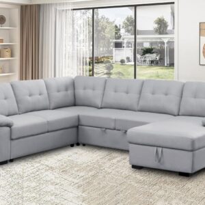 Sleeper Sofa Couch Bed with Pull Out Couch Living Room Set Sectional Sleeper Sofa with Storage Chaise Modular Couch Fabric Sofa Bed in Grey