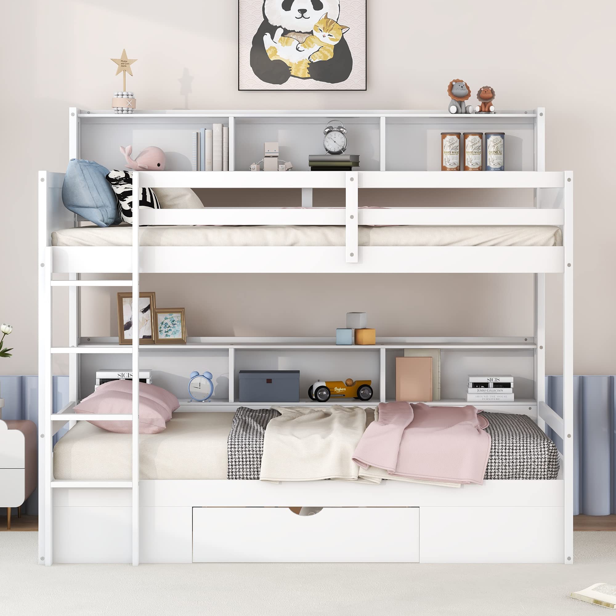 Harper & Bright Designs Bunk Bed Twin Over Twin with Storage,Wood Twin Bunk Beds with Built-in Shelves Beside Both Upper & Down Bed,Multi Storage Bunk Beds with Drawer for Kids Girls Boys,White