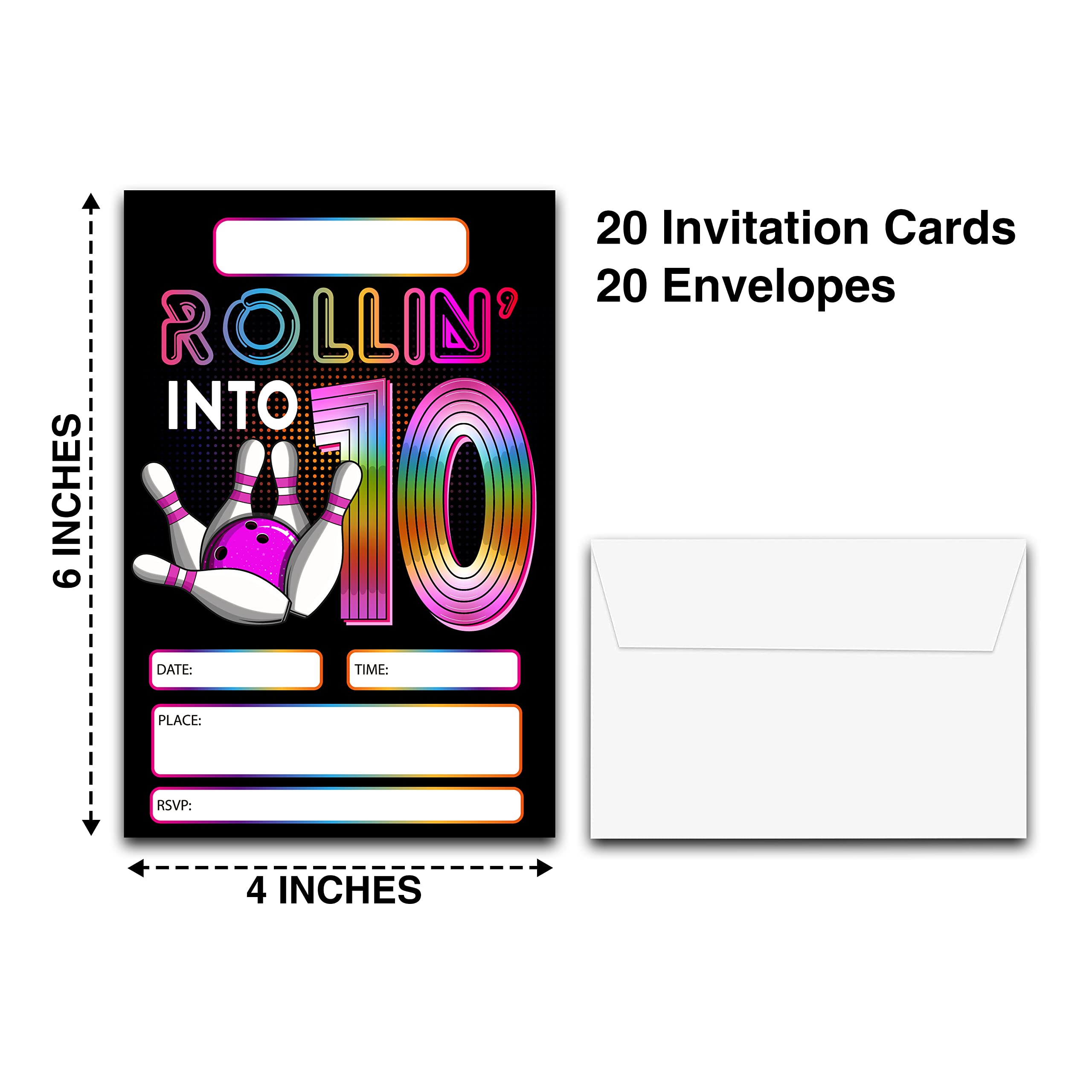 DETIHO 4" x 6" Bowling 10th Birthday Party Invitation Cards With Envelopes - Rolling Into 10 - Retro Bowling Party Invitation - 20 Sets - E62