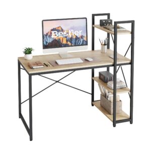 bestier 47 inch computer desk with adjustable shelves, simple writing desk with reversible bookshelf and metal legs for home office and studio, oak