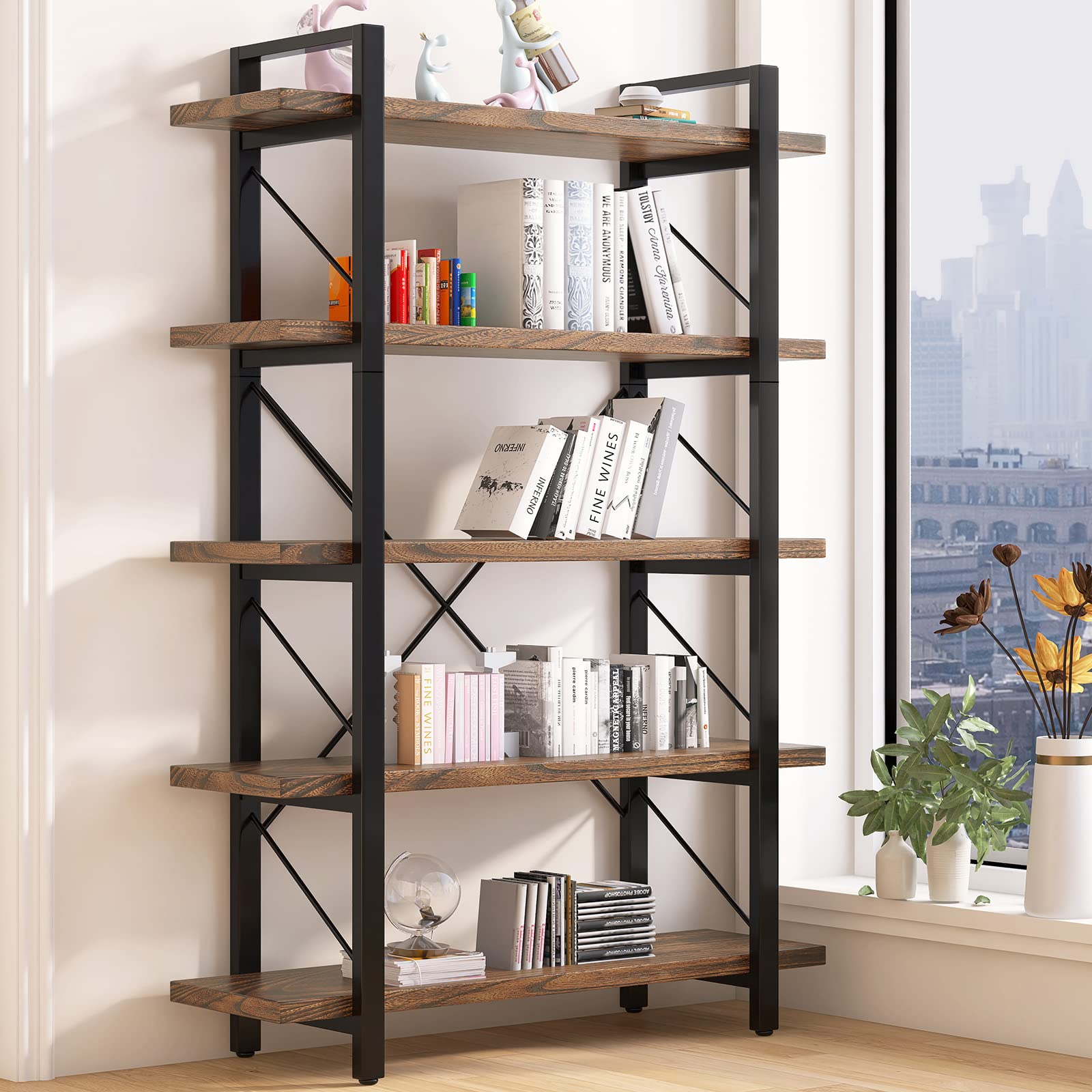 LZ-DONGMAN 5-Tier Bookshelf Large Etagere Book Shelves,Industrial Style Bookcase and Book Shelves,Open Large Real Wood Bookshelfs,Retro Brown for Living Room Office, Retro Brown (LZ01-5tier-PLUS)