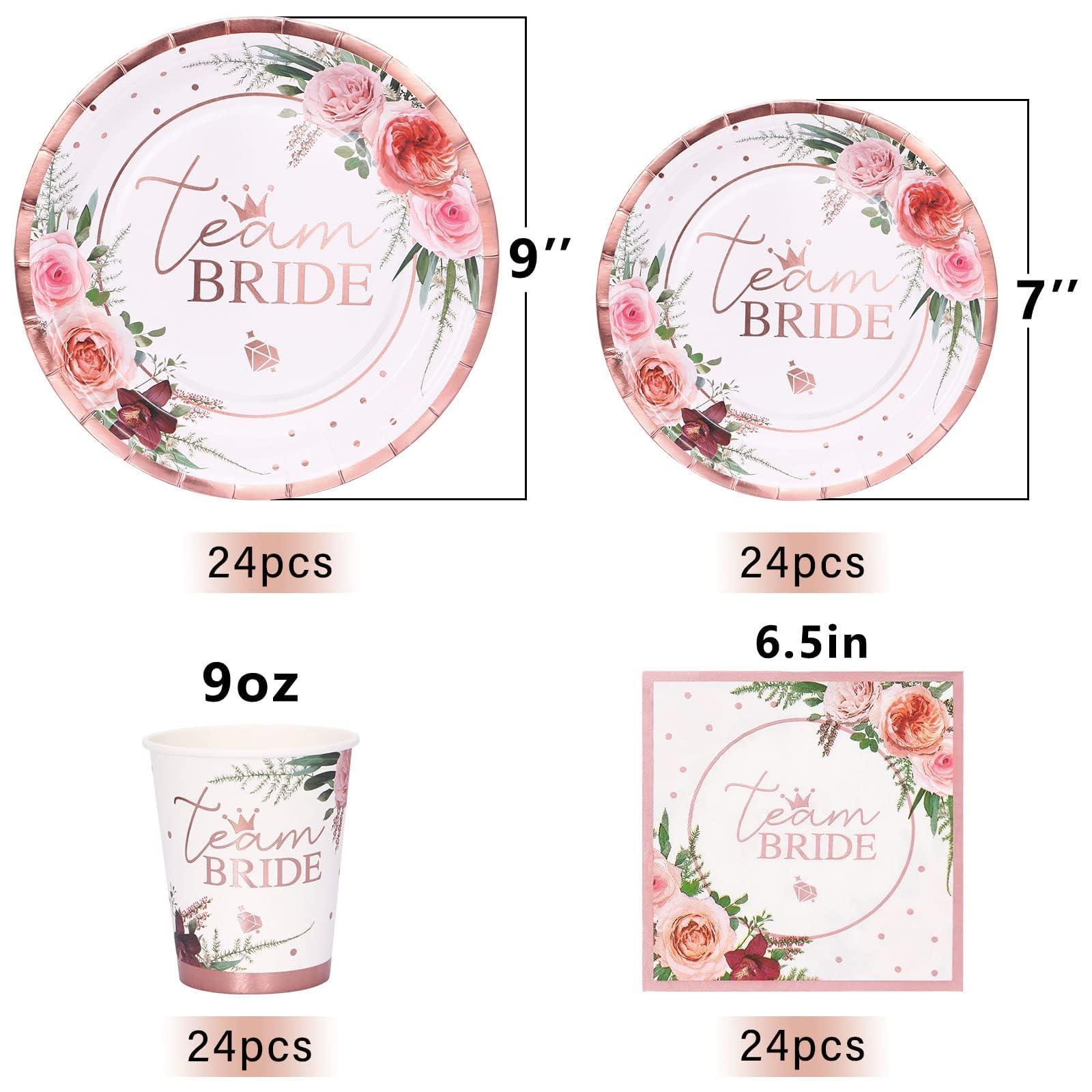 Rose and Gold Bridal Shower Party Decorations, Bridal Shower Plates and Napkins Party Supplies, Rose Paper Plates for Engagement Wedding Shower Deocr, Serves 24