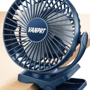 VANPRT 5000mah Clip on Fan, 6'' Portable Rechargeable Battery Fan, 7-30 Working Hours, 3 Speeds Strong Airflow, 720° Rotation, Quiet, Strong Clamp for Desk/Office/Golf/Car/Gym/Treadmill - Blue