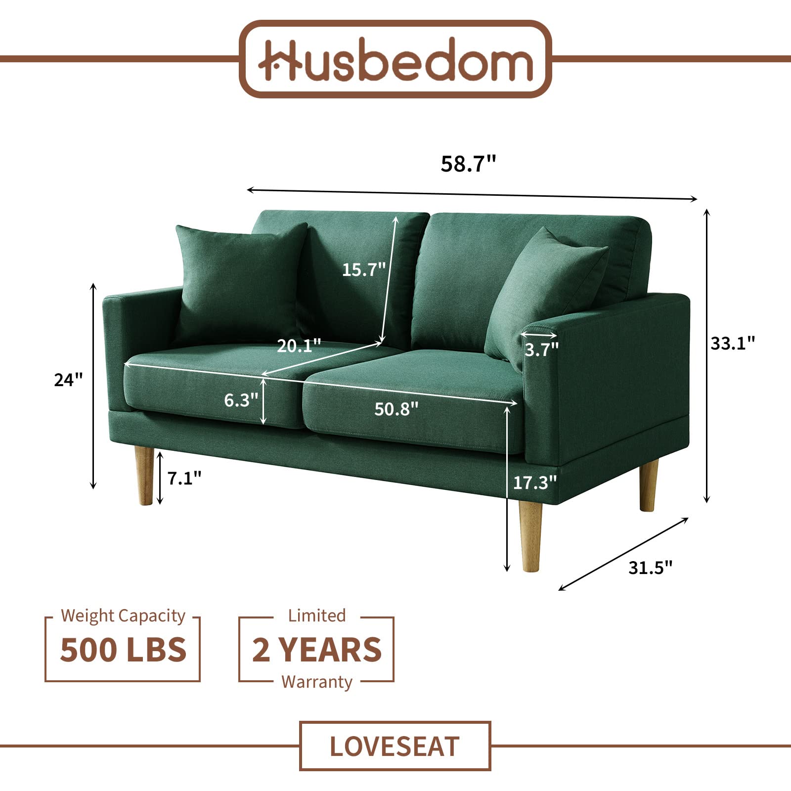 Husbedom 59" Loveseat Sofa, Modern Small Couches for Small Spaces, Living Room, Bedroom, Apartment, Dorm, with Throw Pillow, Dark Green